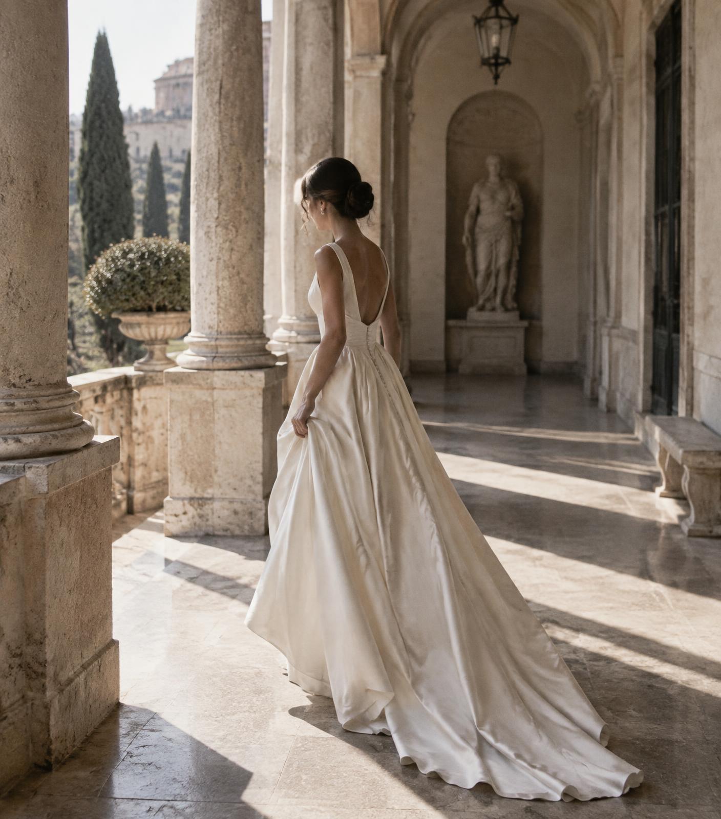 Bride walking through an estate colonnade